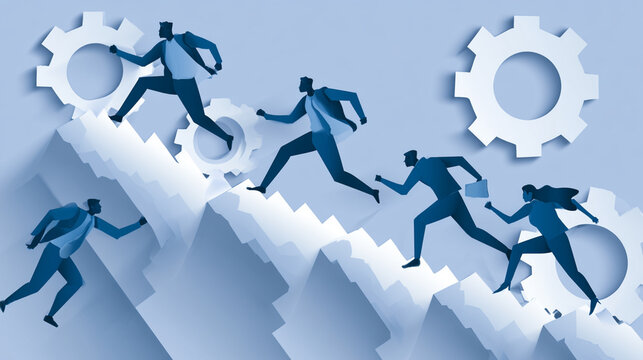 A dynamic illustration showcasing a group of diverse individuals ascending a series of gears