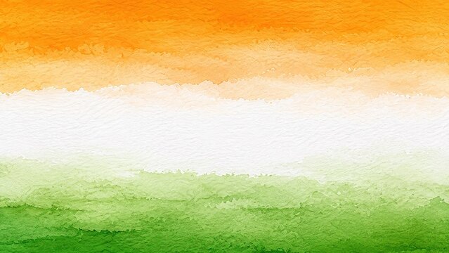 Watercolor Indian flag background, saffron / orange white and green tricolor paint texture, abstract artistic national flag of India for Republic Day