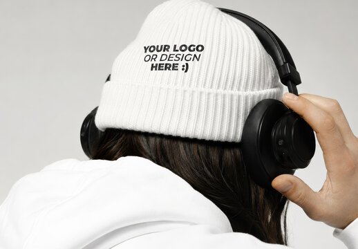 White Wool Beanie Logo Design Mockup with Music Headphones