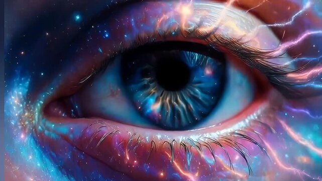 Cosmic Human Eye Opening with Glowing Galaxy Iris and Futuristic Space Energy Animation Close Up