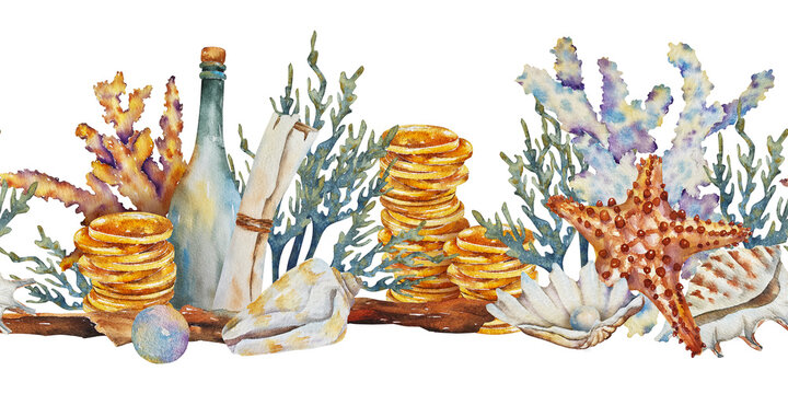 Watercolor seamless border with message bottle, scroll, gold coins, seashells, coral, starfish and driftwood in a realistic marine style. Illustration for packaging, fabric, wallpaper, stationery, scr