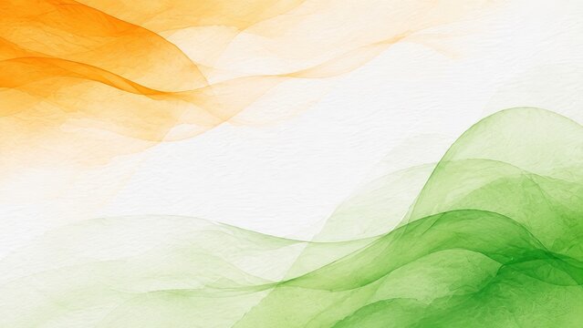 Abstract tricolor watercolor background, orange and green flowing waves on white paper texture, patriotic Indian flag colors for national holiday
