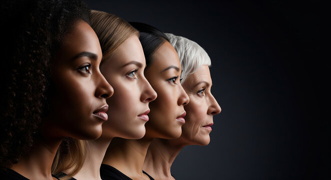 Side-profile lineup of diverse women with unique hairstyles, a concept celebrating individuality, beauty, and multiculturalism