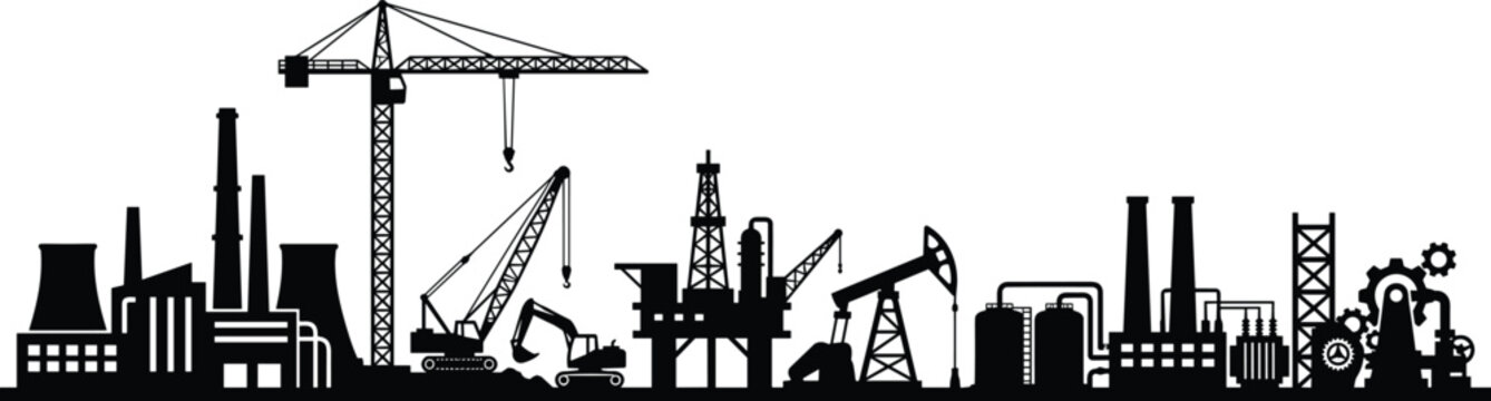 Industrial Landscape Silhouette Featuring Factories, Cranes, and Oil Machinery