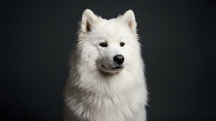 Fototapeta premium Portrait Of A Beautiful Fluffy White Samoyed Dog Looking At Camera With Dark Background Ideal For Pet Care Veterinary Concepts And National Dog Day