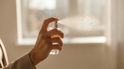 Obraz premium A person holds a perfume bottle and sprays it in a room filled with sunlight. The scene shows a moment of preparing for an event