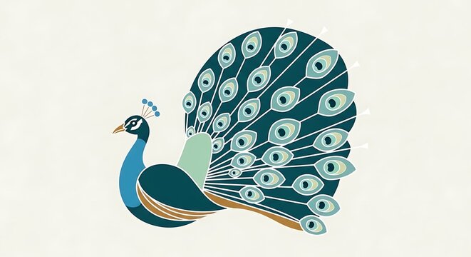 Stylized minimalist peacock vector illustration with decorative fanned tail feathers in teal and blue on a neutral background