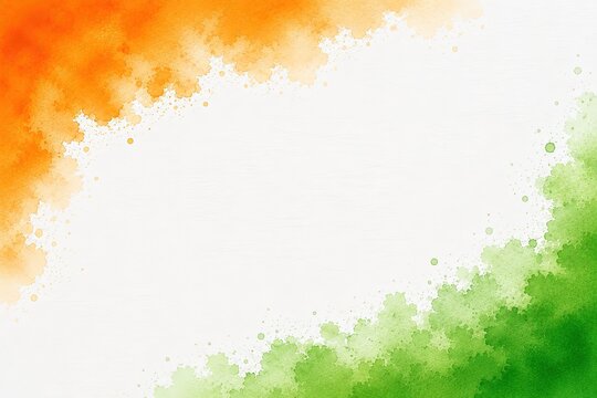 Watercolor Indian flag background, orange and green paint splashes on white paper, artistic tricolor frame for Republic Day and Independence Day