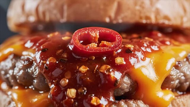 A juicy burger with melted cheese, pepperoni, and sauce on a bun.