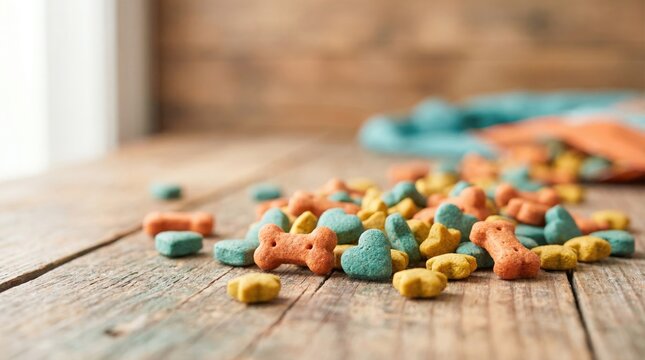 Dog treats in many colors are spread on a wooden floor. A bag of snacks is nearby. This takes place in a domestic area during daylight