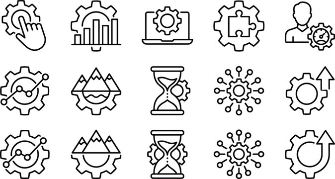 Diverse set of line icons showing gear variations applied to business reports laptop puzzles and scheduling.