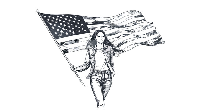 Young woman walking proudly holding american flag