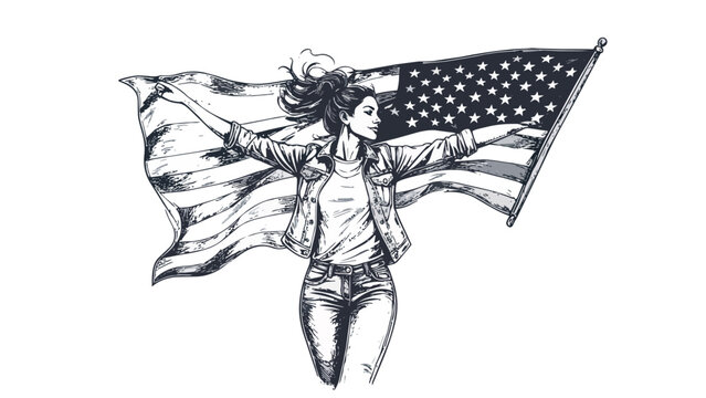 Woman holding waving american flag drawing