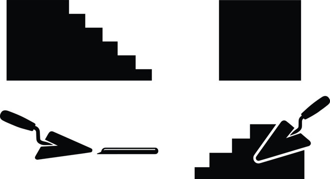 Masonry construction silhouettes set with brick steps concrete block and plastering trowel tools for building logo design