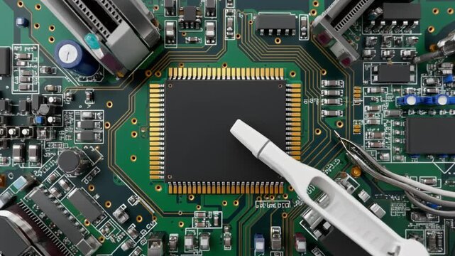 分解された電子基板中央で白いピンセットが大型NAND型フラッシュメモリチップを保持する