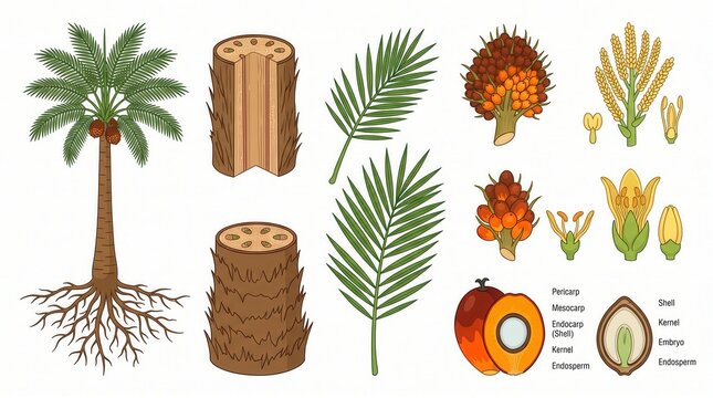 Detailed diagram of an oil palm plant's anatomy, from roots to fruit parts with labels