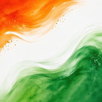 Watercolor tricolor background with orange and green waves, artistic abstract paint strokes on white, national flag colors for patriotic celebration
