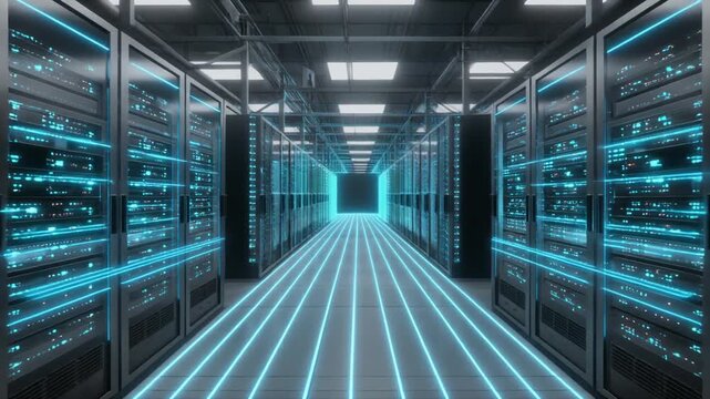 複数の液冷サーバーラックが整列し床面の青白い発光ラインが近未来空間を作る