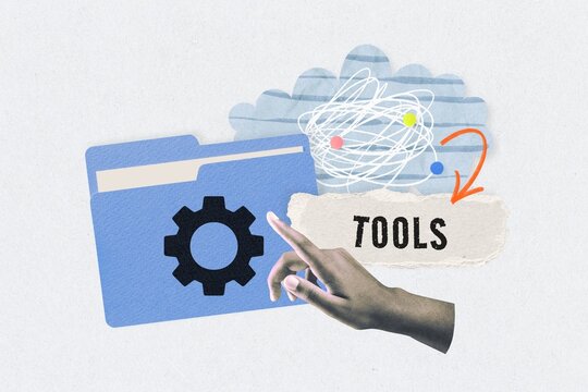 Collage of a hand, folder, and TOOLS text with abstract elements