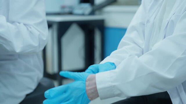 Female scientist wearing a lab coat putting on blue latex gloves before starting research in a modern laboratory