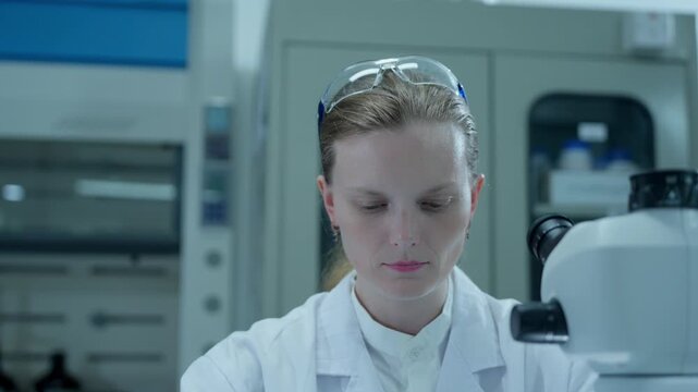 Female scientist placing a sample on a glass slide and observing it through a microscope in a laboratory