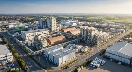 Fototapeta premium Sprawling industrial manufacturing plant complex seen from an aerial drone view under bright daylight