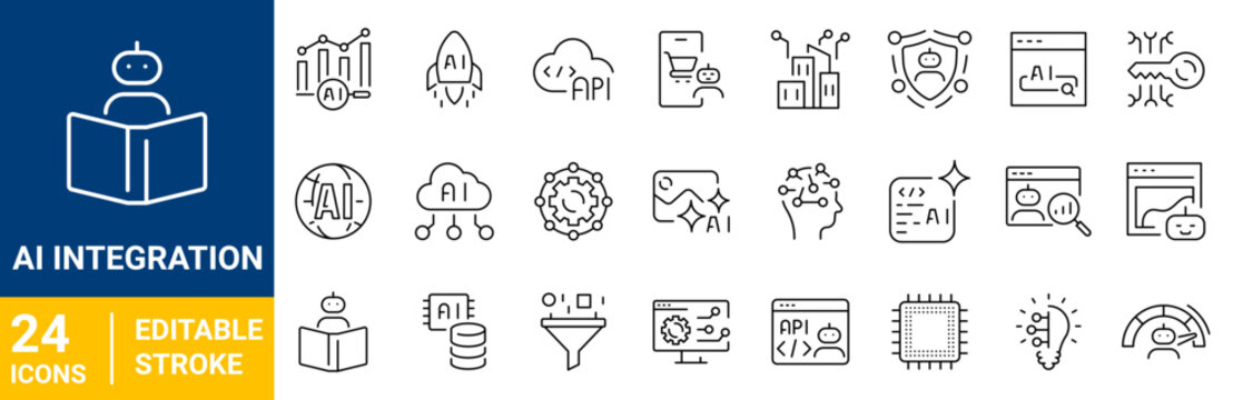 AI Integration web Line Icons set. Outline icon collection. Editable stroke. Vector illustration