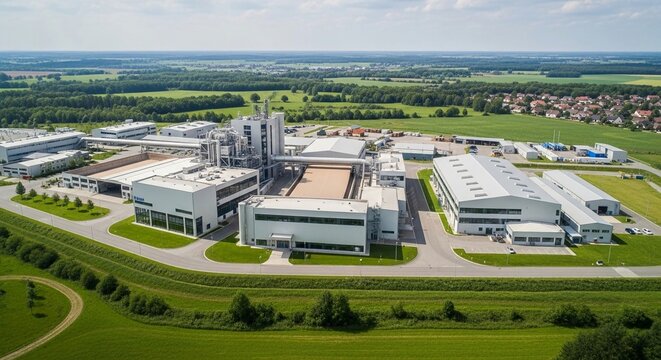 Sprawling industrial paper mill complex with modern facilities set against a lush green landscape under a bright sky