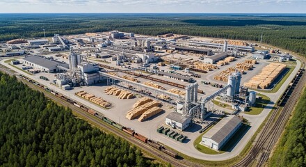 Obraz premium Sprawling timber processing facility with stacks of lumber and trains, showcasing industrial production and logistics in an aerial view.