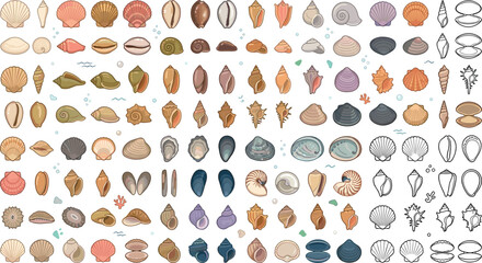 Marine Biology Seashells Mega Vector Element Set with Scallops Clams Conch Shells and Outline Icons for Summer Beach and Coastal Graphic Designs © Monirul