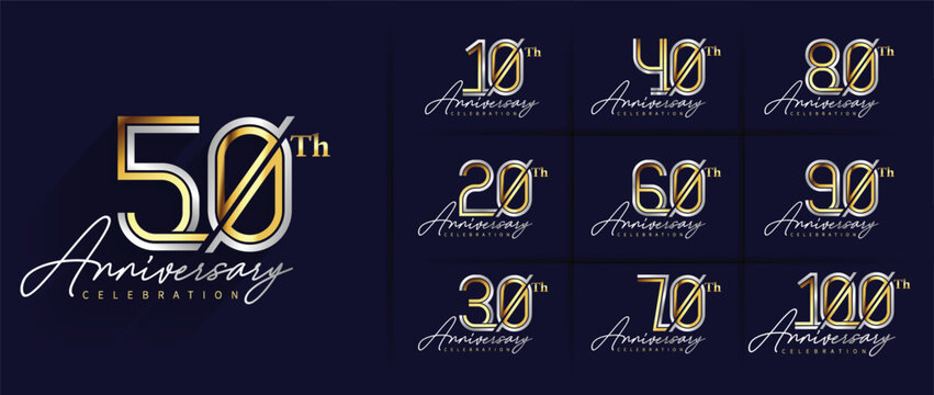 Set of anniversary logo style with gold and silver interlocking line typography 10 to 100 years. Modern luxury vector geometric templates on dark blue background for celebration event.