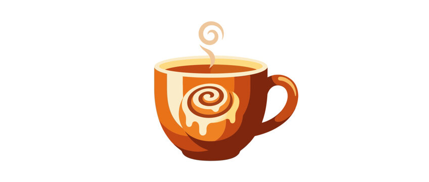 A warm cup of coffee featuring a cinnamon roll illustration on the side.