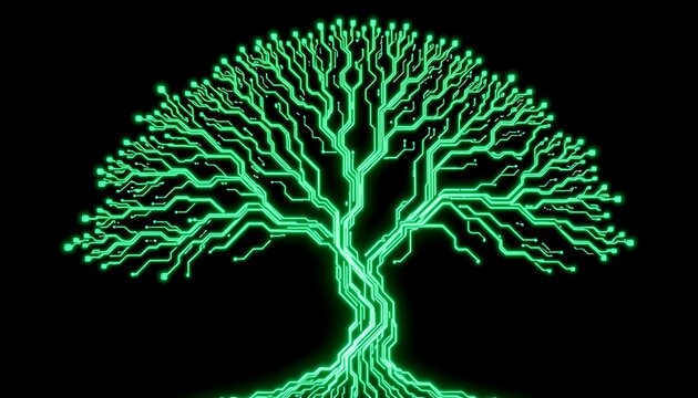Neon Circuit Tree Illuminates Dark Cyberpunk