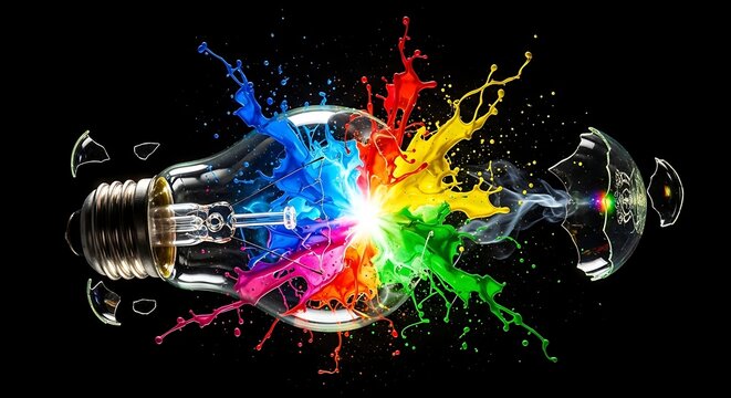 Shattered Glass Light Bulb Bursting with Colorful Paint Splash on Black Background