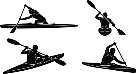 Canoeing and kayaking action sport illustration collection in flat black and white minimal line art graphic style © MdAlom