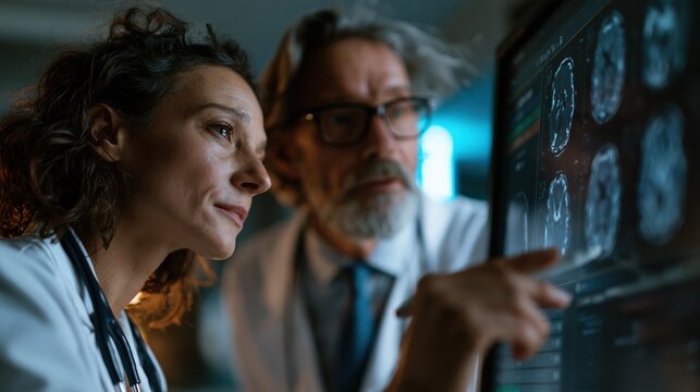 Deux m&eacute;decins analysent ensemble des scanners c&eacute;r&eacute;braux sur un &eacute;cran