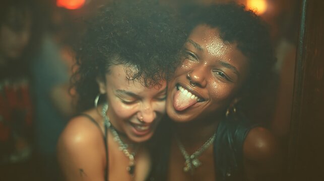 deux jeunes femmes complices qui rient et s'amusent en soir&eacute;e
