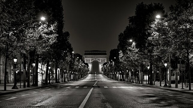 Avenue des Champs-Elys&eacute;es d&eacute;serte la nuit face &agrave; l'Arc de Triomphe
