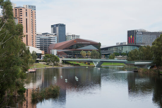 Adelaide, South Australia - April 24 2026: torrens lake flowing through Adelaide cbd with city skyline and convention centre