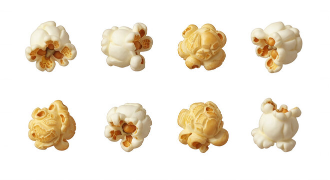 isolated close-up of different fluffy popcorn kernels on a white background a snack or movie night