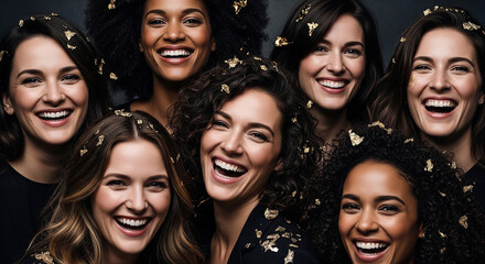 Fototapeta premium A wide shot of a diverse crowd of women celebrating with confetti, a concept of large-scale joy, community events, and happiness