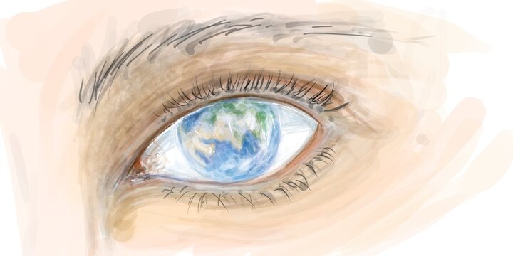 Detailed watercolor surrealistic illustration of a human eye with planet Earth reflection inside iris, conceptual art for global vision, environmental care, and world perspective