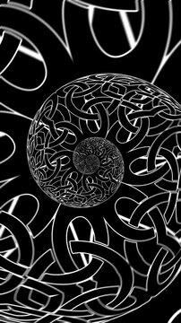 Seamless vertical video of a black and white mandala pattern swirl. Geometric graphic spiral with a psychedelic look.