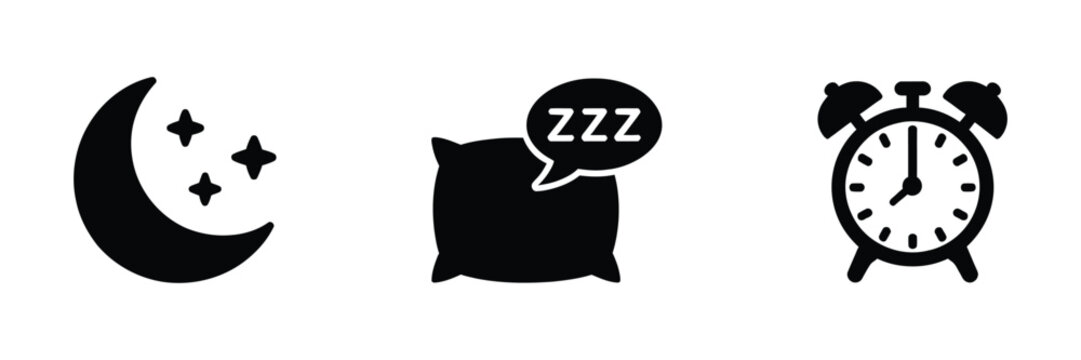 Sleep icon set, minimalist black bedtime symbols, crescent moon with stars, pillow with zzz text, alarm clock silhouette, night rest concept, editable vector illustration.