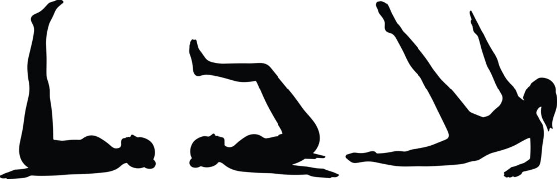 Pilates exercise silhouette vector icon set woman doing core workout yoga poses fitness training wellness isolated graphic illustration elements collection