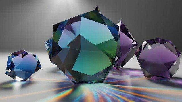 Explore colorful crystals arranged on a surface with bright light highlighting their shapes and colors