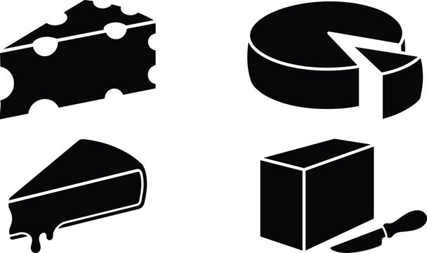 Cheese icons set featuring swiss maasdam wedge gouda wheel wheel slice brie melt and cheddar block with knife silhouettes