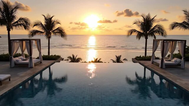 Sunset view at hotel pool with lounge chairs and palm trees by the ocean