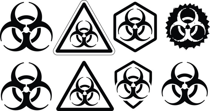 Biohazard symbol icon vector set featuring warning sign silhouettes in triangle and hexagon shapes isolated on white background