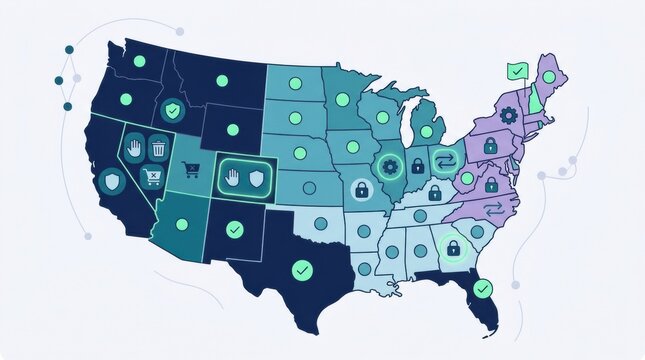 Map of the United States displaying various privacy laws and regulations in different states using icons to signify compliance status and requirements